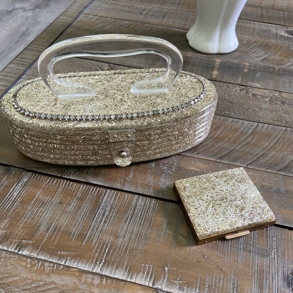 Lucite confetti purse w/matching compact